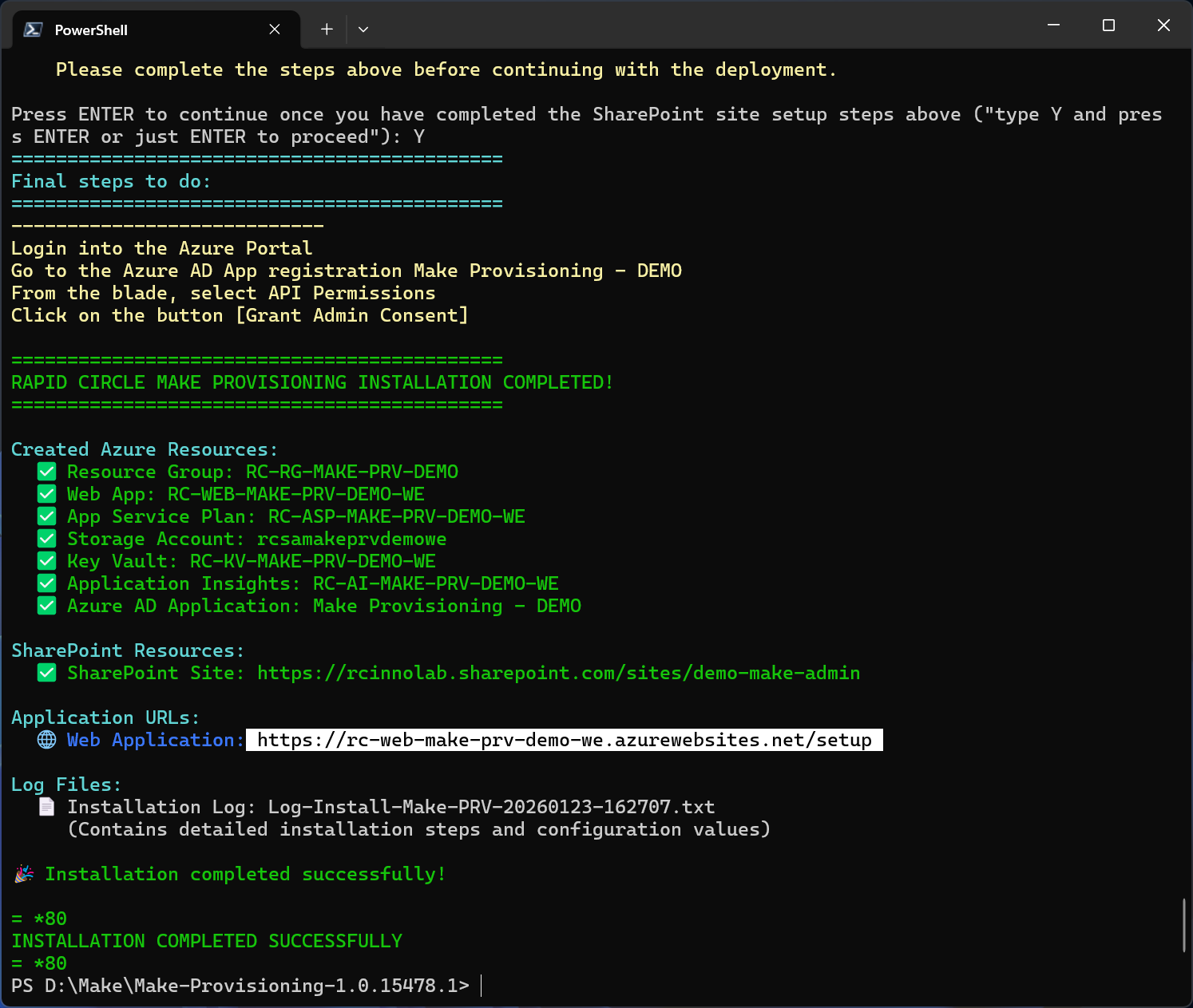 Figure 6: Confirmation and next configuration steps 